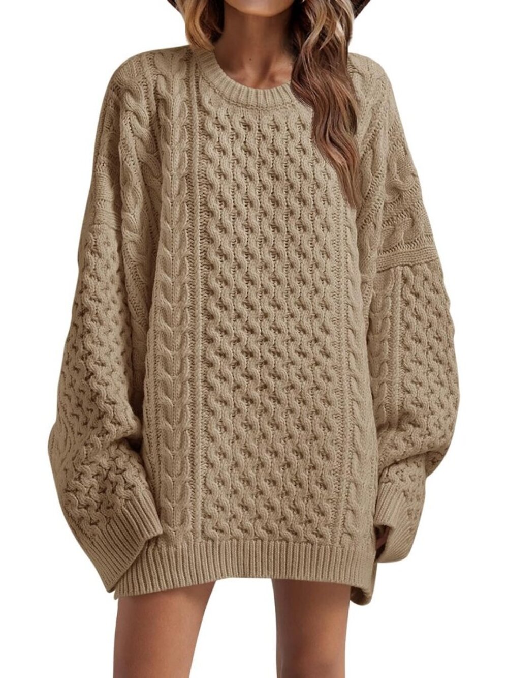 Women's Light Coffee Oversized Sweaters Chunky Cable Knit Tunic Long Sweater